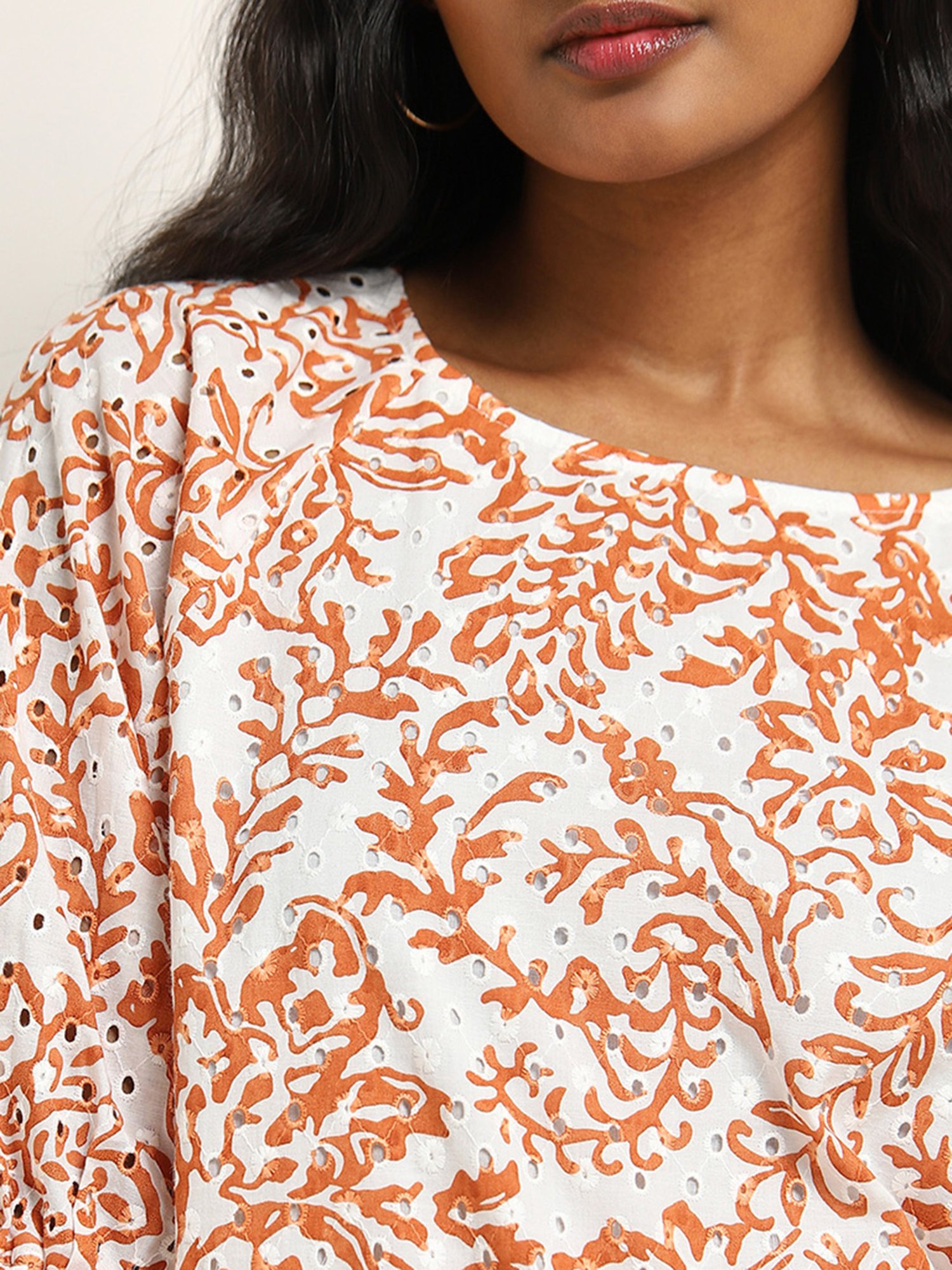 LOV by Westside Off-White Schiffli Design Cotton Top