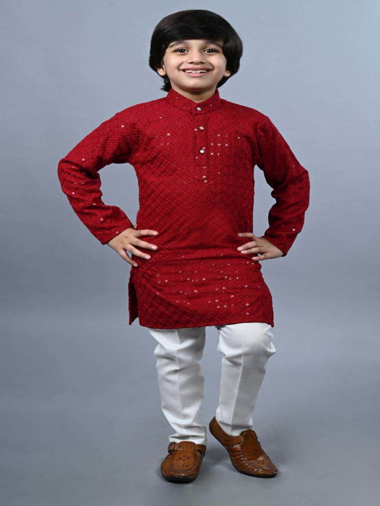 Ahhaaaa Kids Red & White Cotton Embroidered Full Sleeves Kurta Set