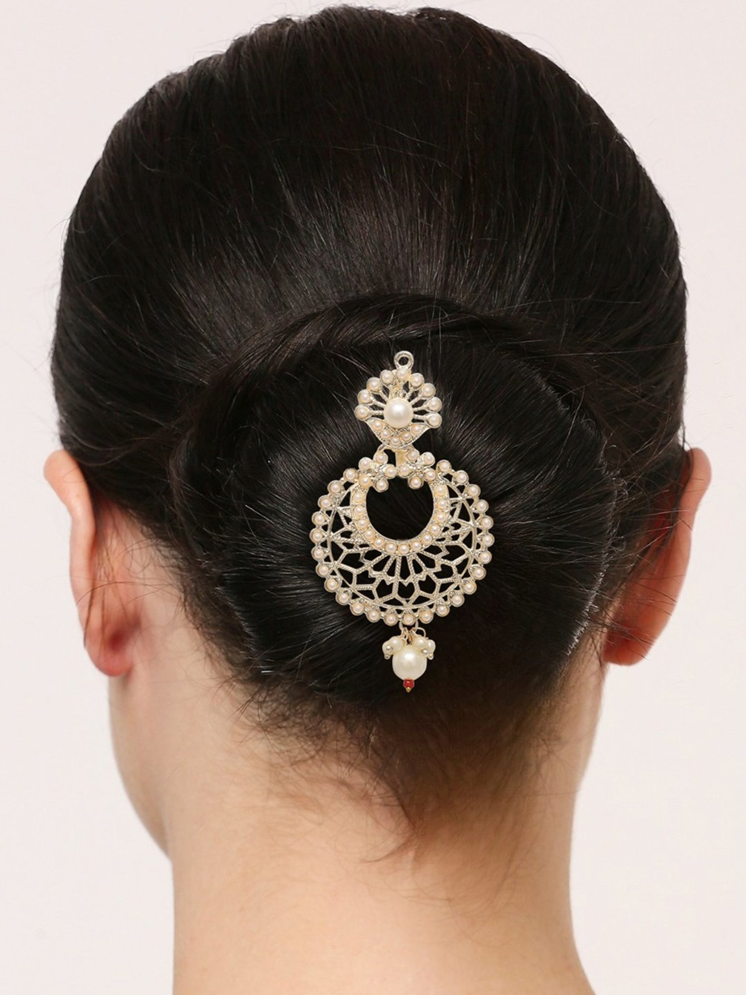 OOMPH Combo of 3 Maroon Green Stones & Pearls Hair Bun Pin Juda Pin Ethnic Chandbali Style
