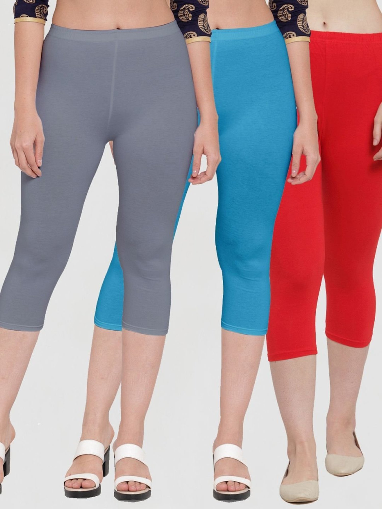 Gracit Grey & Blue Mid Rise Capris - Pack Of 3