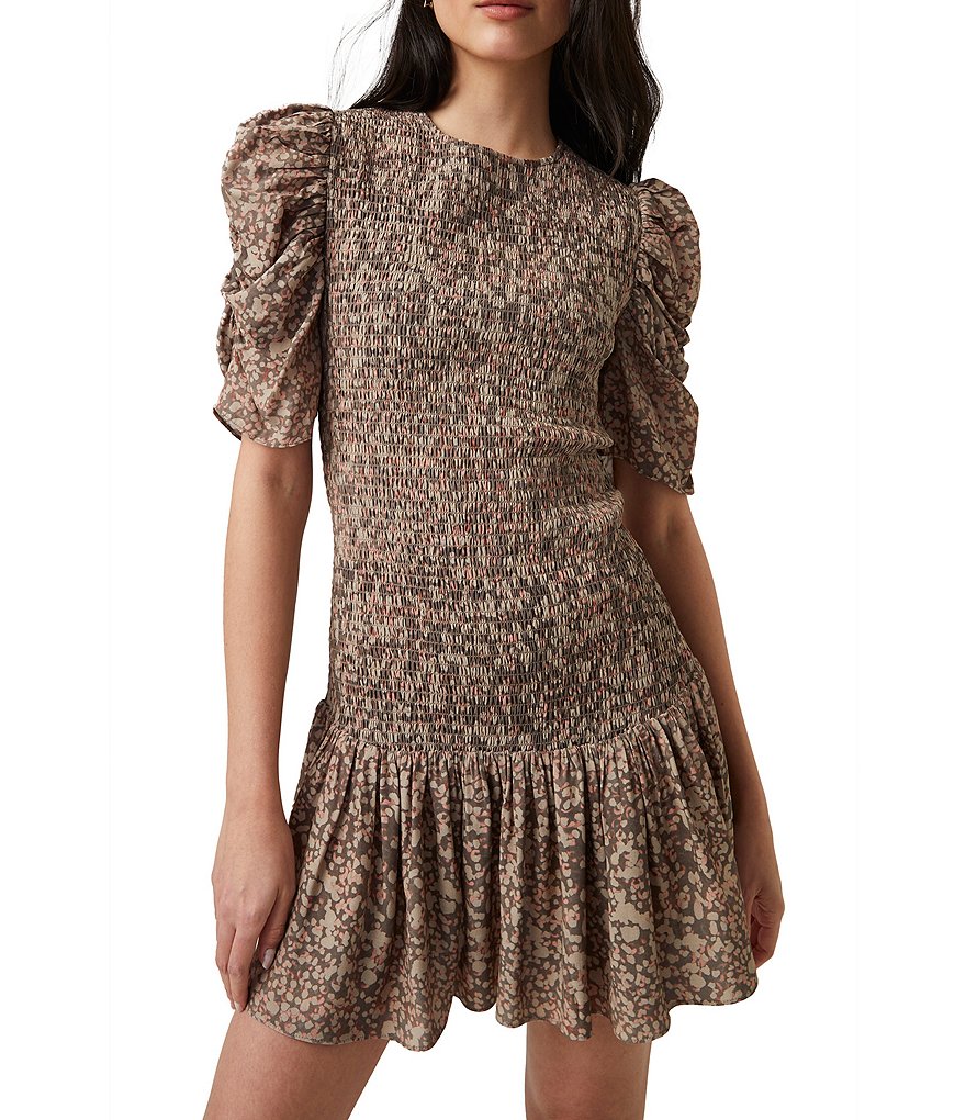 French Connection Erika Camo Print Puff Short Sleeve Crew Neck Ruffle Hem Smocked Mini Dress