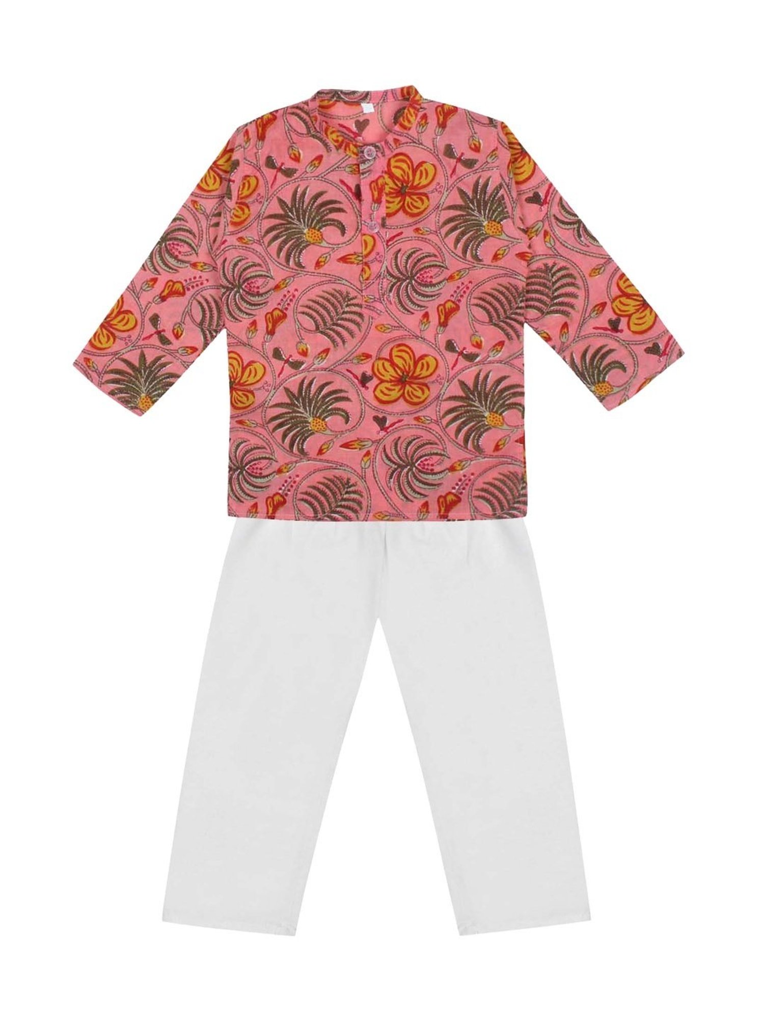 Ahhaaaa Kids Pink & White Cotton Floral Print Kurta Set