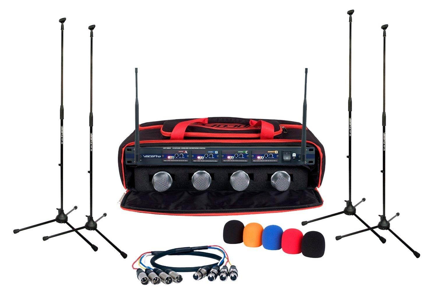VocoPro UHF5800XL Professional 4 Channel UHF Wireless Mic Package with XLR Cable & Mic Stands & Bag