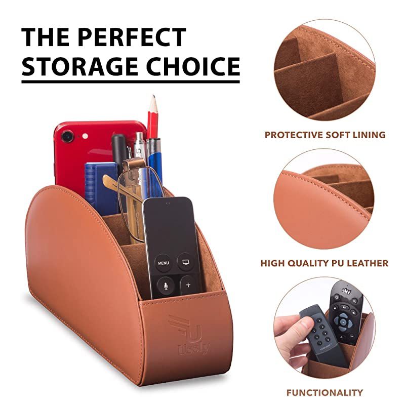 Remote Control Holder Organizer BoxPU Leather Universal Remote Caddy Desktop Organizer 5 Storage Compartments for Office and Set of 6 Round Protection Coasters for Furniture Table Dining Drinks