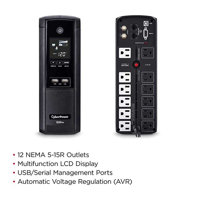 BRG1500AVRLCD Intelligent LCD UPS System, 1500VA/900W, 12 Outlets, AVR, Mini-Tower, 5-Year Warranty, Black