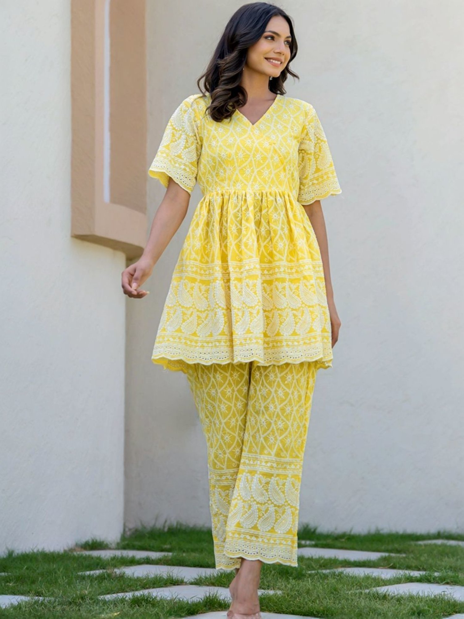 HOUSE OF JAMOTI Yellow Cotton Embroidered Tunic Pant Set