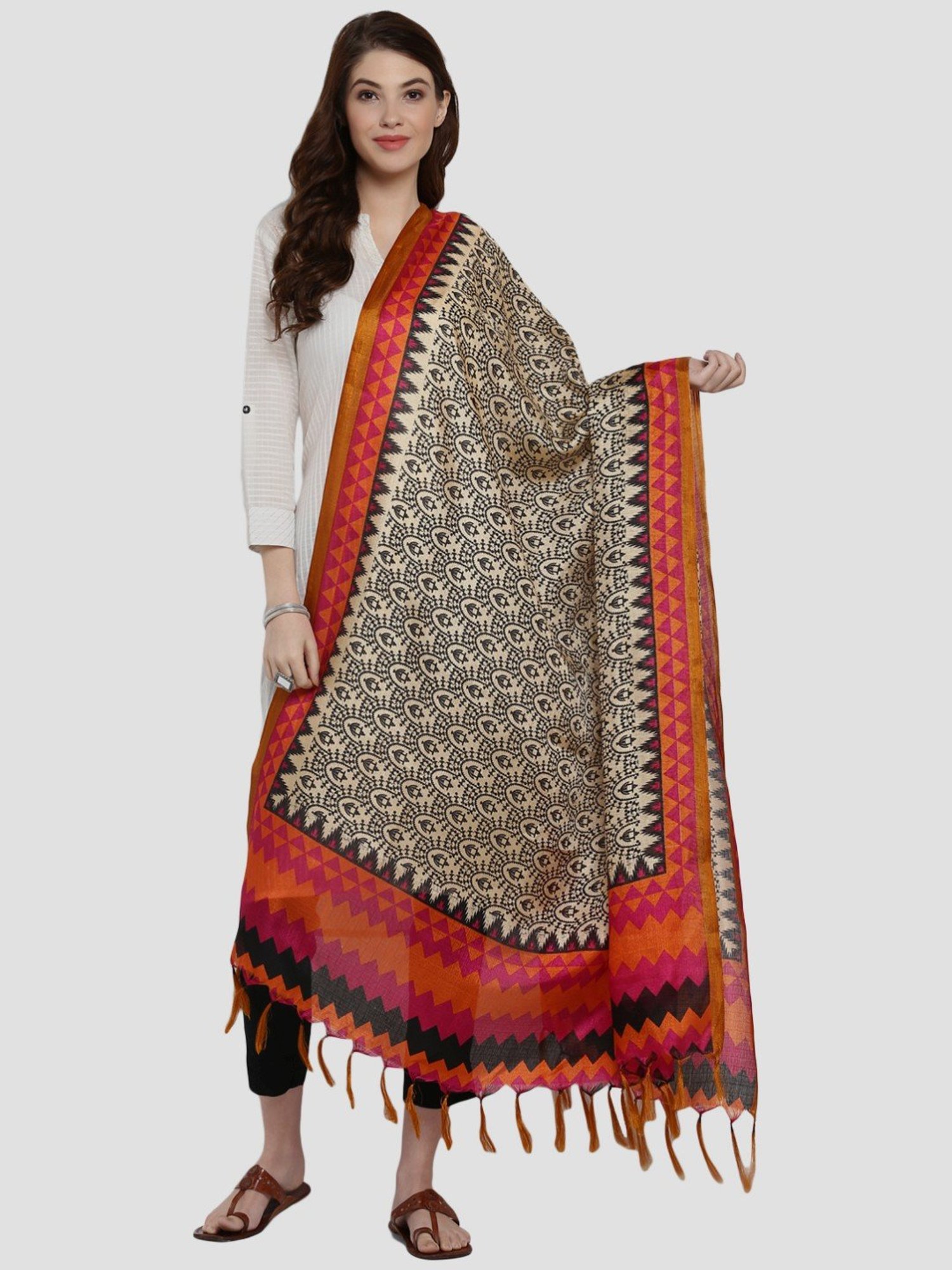 Saree Mall Beige & Pink Printed Dupatta