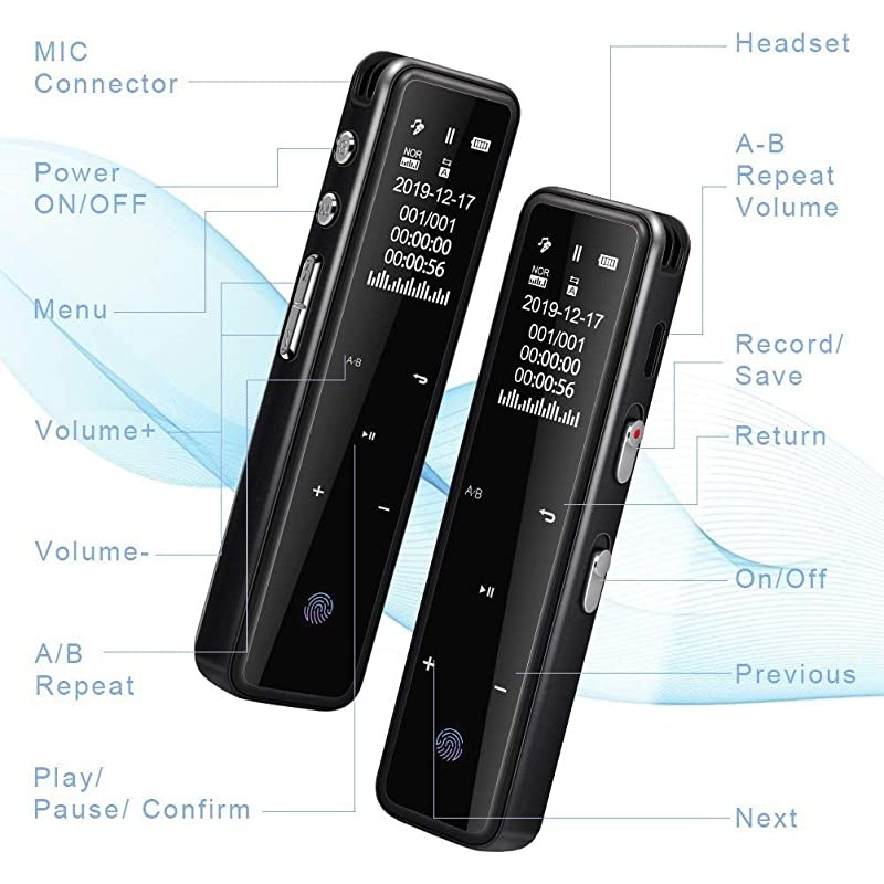 Recorder Digital Recorder 32G Touch Screen Activated Recorder for LecturesMeetingsClass 1536kbps Stereo HDAudio Recording Device with Dual Microphones Rechargeable Black