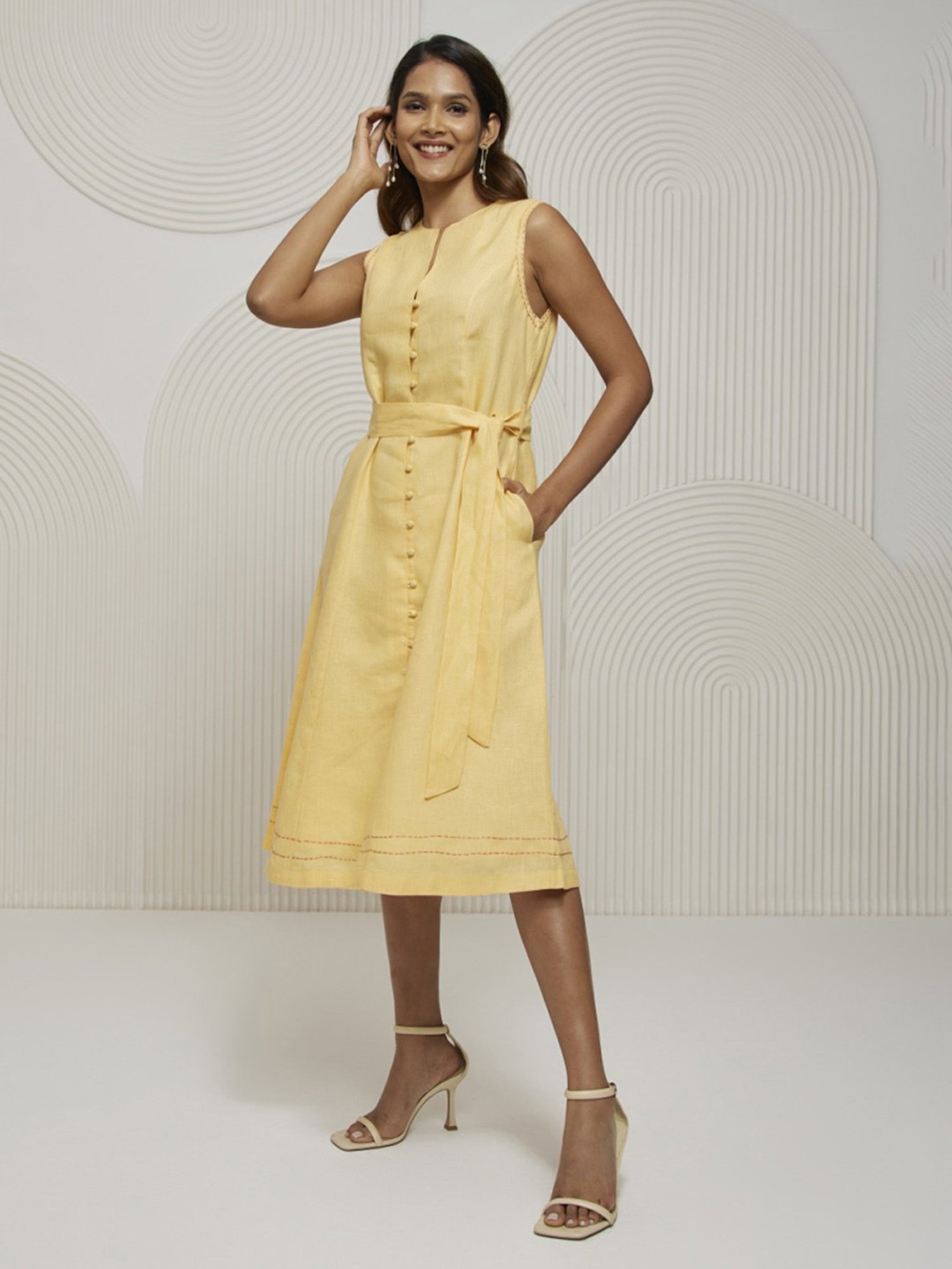 Artagai Yellow Front Open Fit and Flare Dress