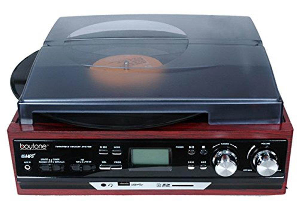 Boytone BT-17DJM 3-speed Stereo Turntable, 2 Built in Speakers Digital LCD Display AM/FM Radio, USB/SD Slot, AUX+ MP3 & WMA Playback /Recorder & Headphone Jack + Remote Control