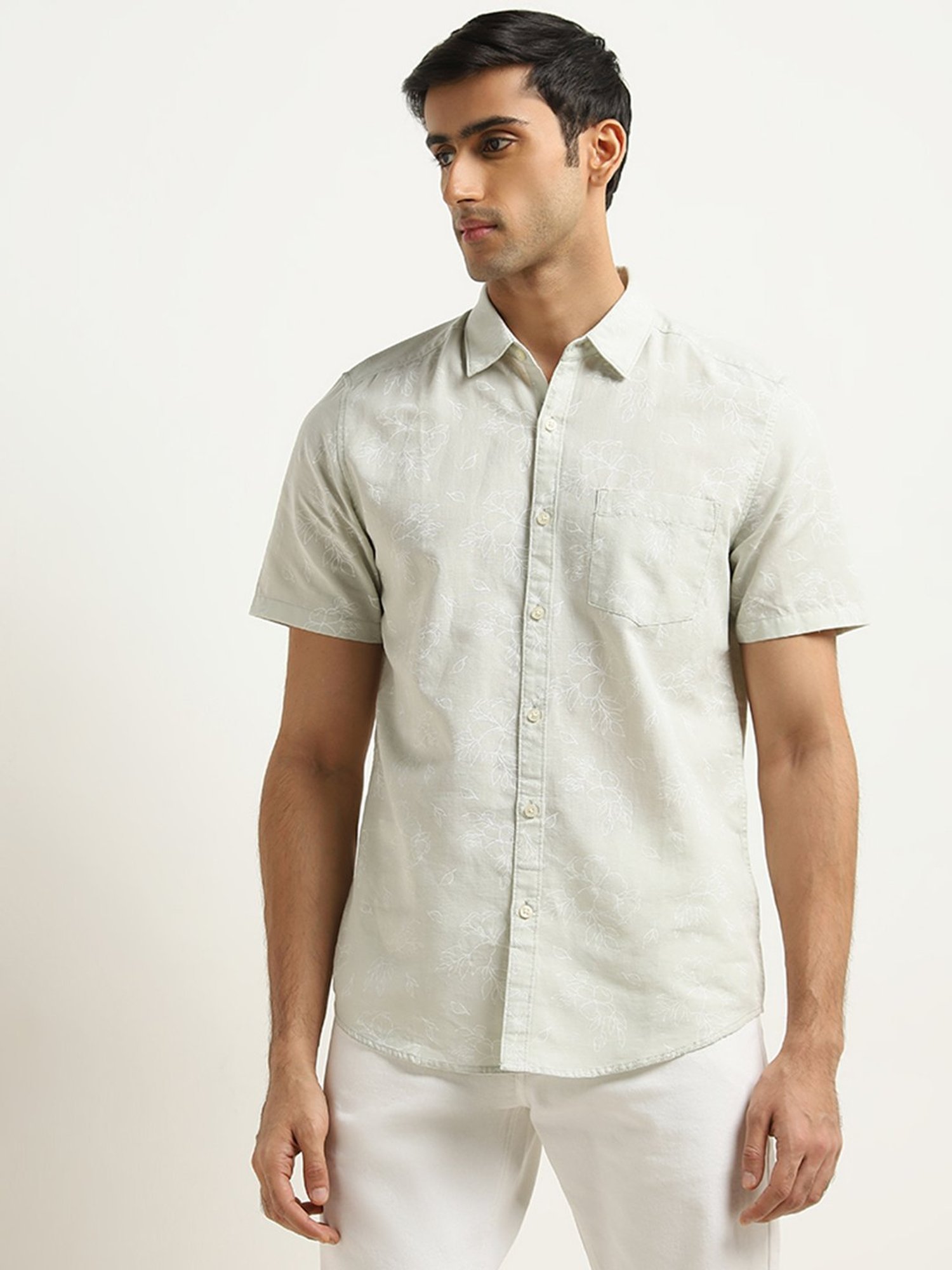 WES Casuals by Westside Sage Floral Slim-Fit Blended Linen Shirt