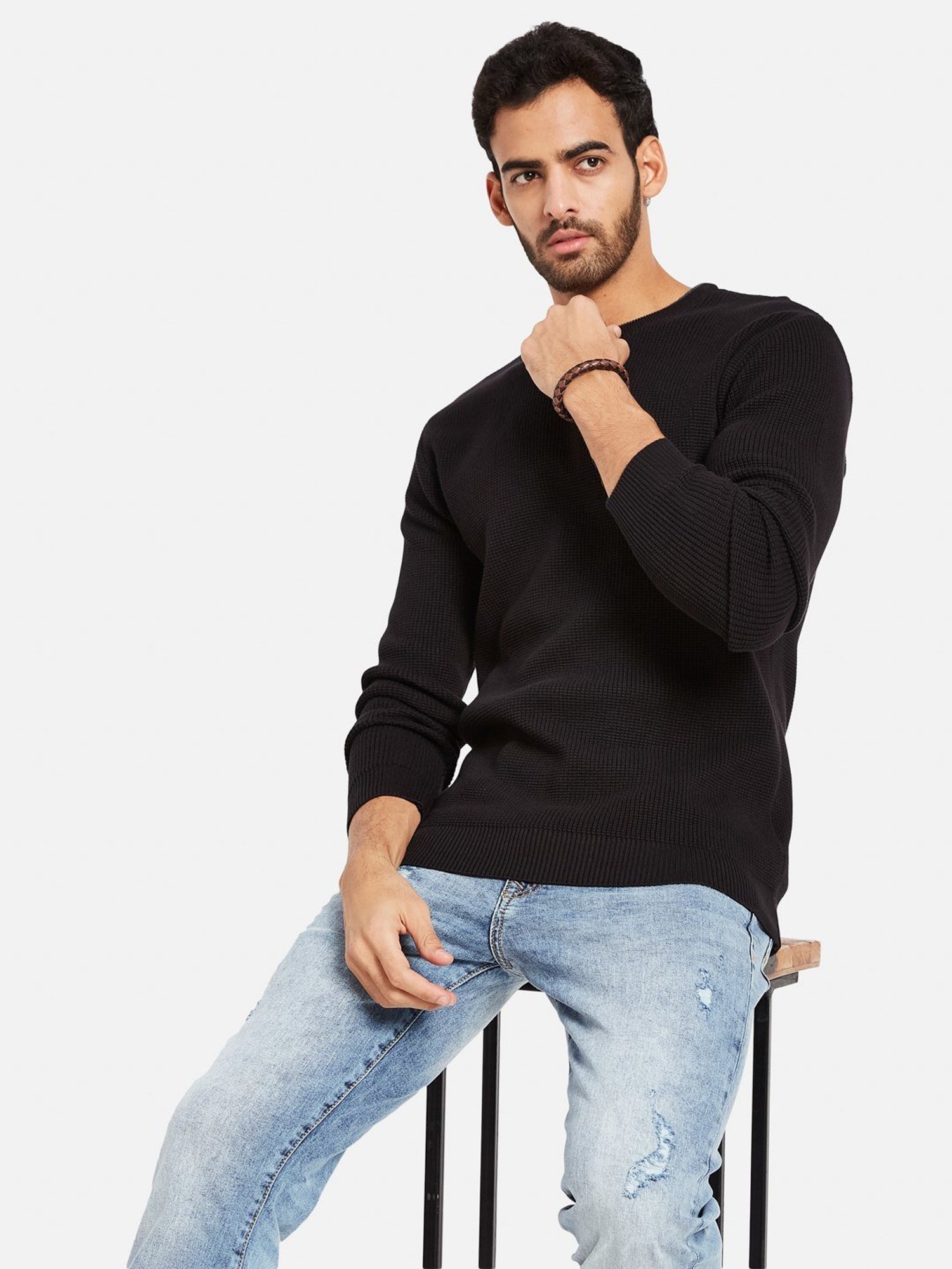 METTLE Black Cotton Regular Fit Sweater