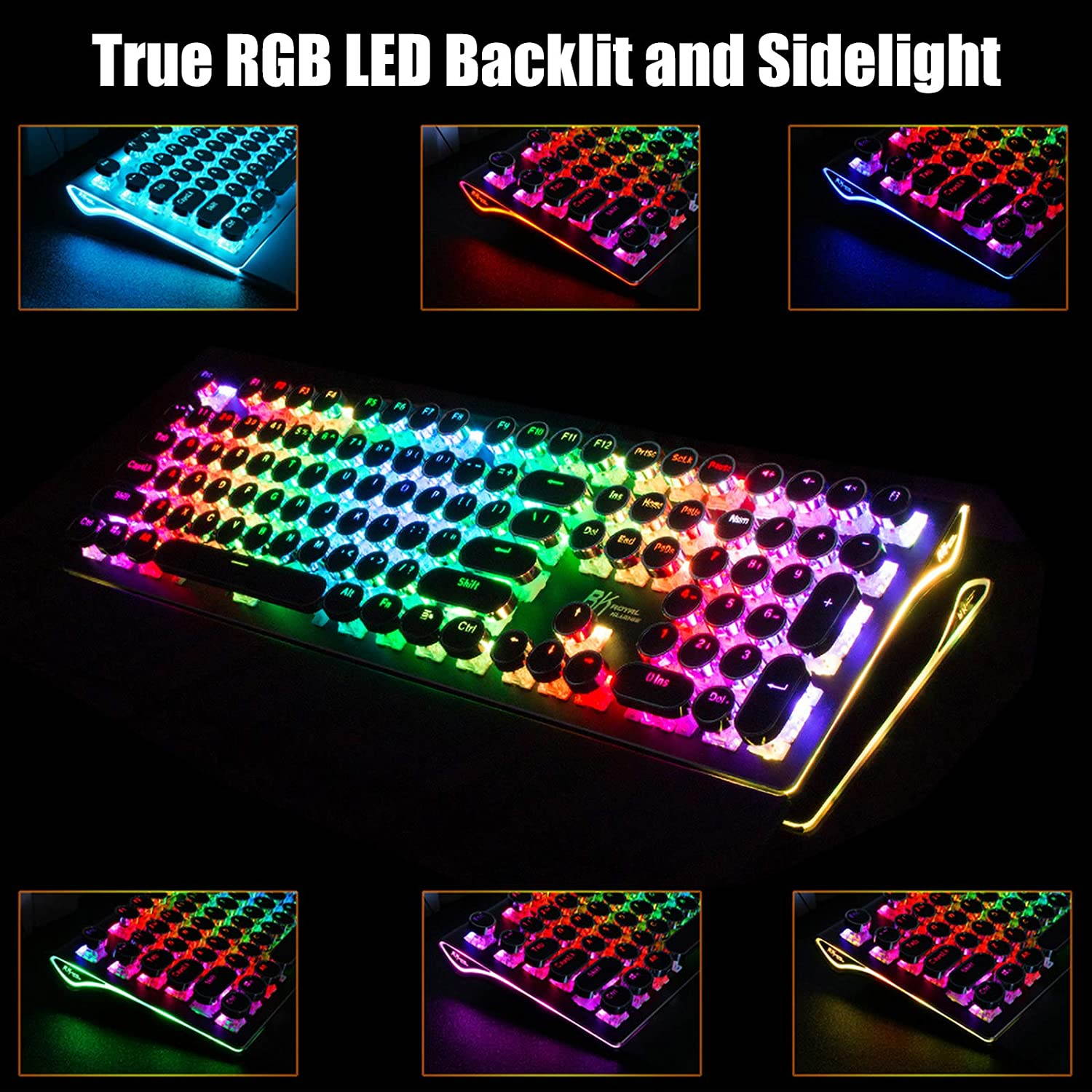 CUUWE RK Typewriter Style Mechanical Gaming Keyboard with True RGB Backlit, Collapsible Wrist Rest, 108-Key Anti-Ghosting Blue Switch Retro Steampunk Vintage Round Keycaps, Metal Panel Wired USB