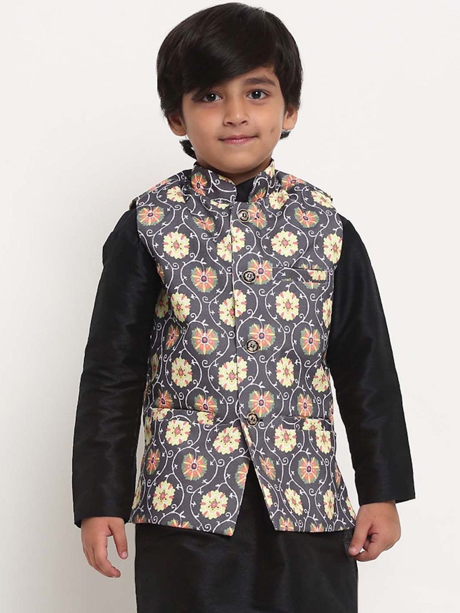 Benstoke Kids Black & Yellow Printed Nehru Jacket
