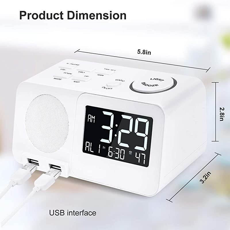 Alarm Clock Radio Clock 2 Alarms Dual USB Charging Port Snooze Founction for Bedroom (D-Old)
