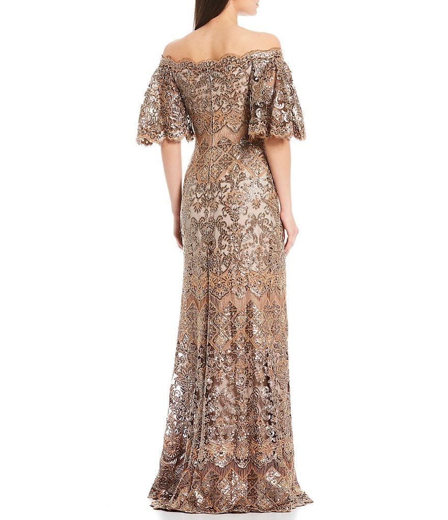 Tadashi Shoji Off-the-Shoulder Sequin Lace Scalloped Hem Gown