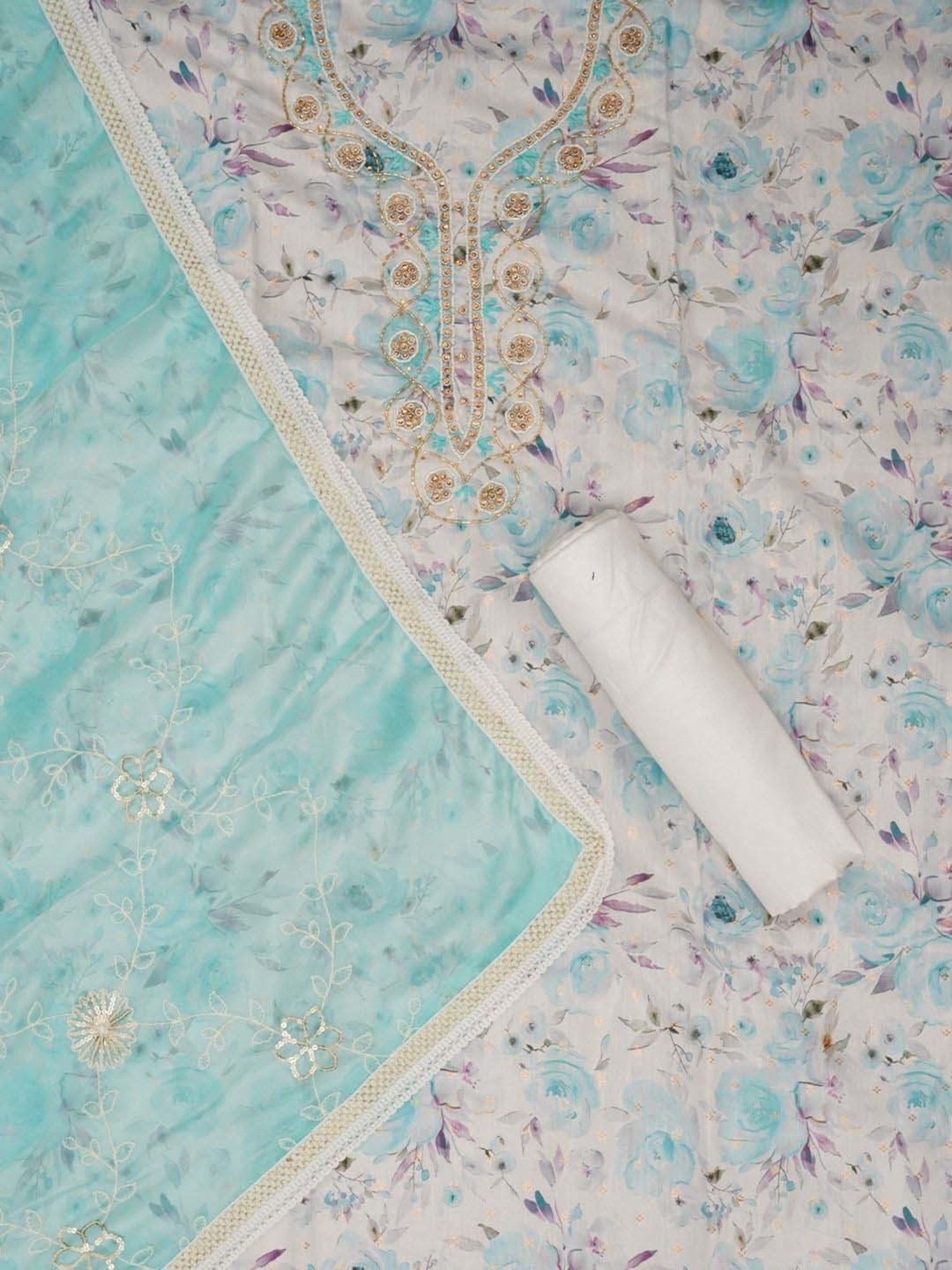 Jaipur Kurti White & Blue Embellished Unstitched Dress Material