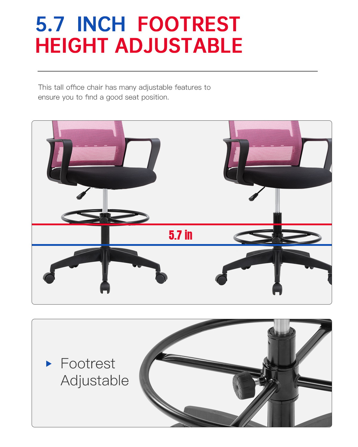 Drafting Chair Tall Office Chair Computer Chair Adjustable Height with Lumbar Support Arms Footrest Mid Back Task Desk Chair Swivel Rolling Mesh Drafting Stool for Adults Women Girls(Pink)