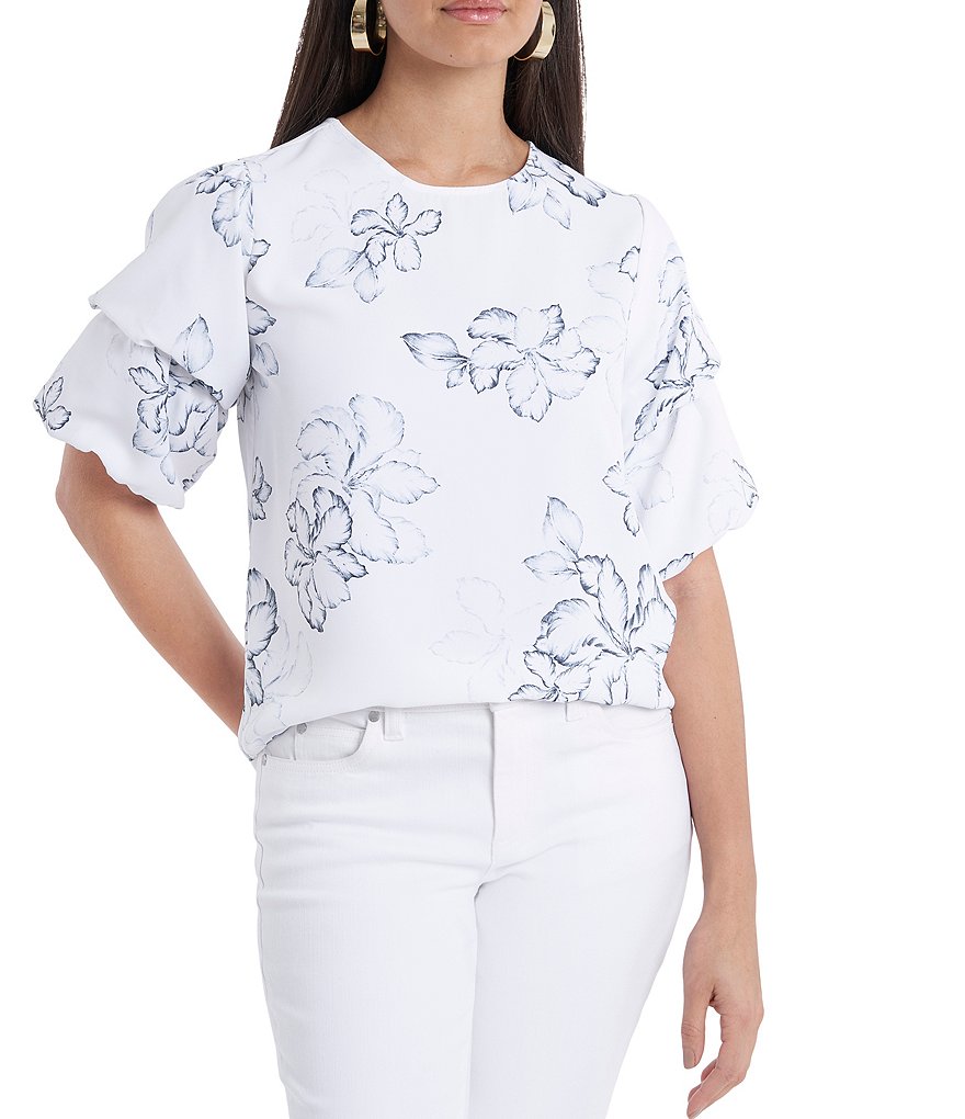 Vince Camuto Round Neck Puff Sleeve Floral Beauty Blouse