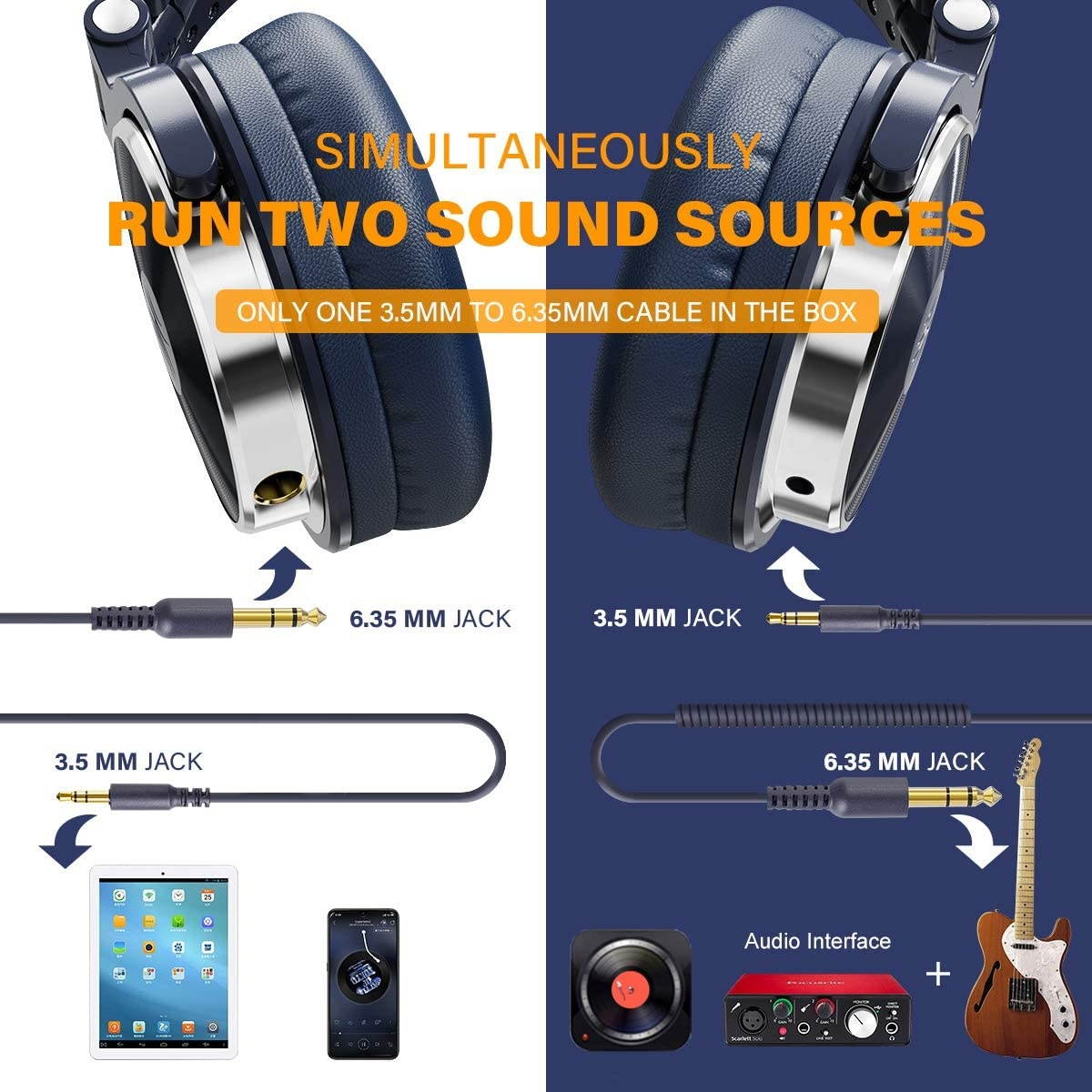 OneOdio Over Ear Headphone Wired Bass Headsets with 50mm Driver Foldable Lightweight Headphones with Share Port and Mic for Recording Monitoring Mixing Podcast Guitar PC TV (Dark Blue)