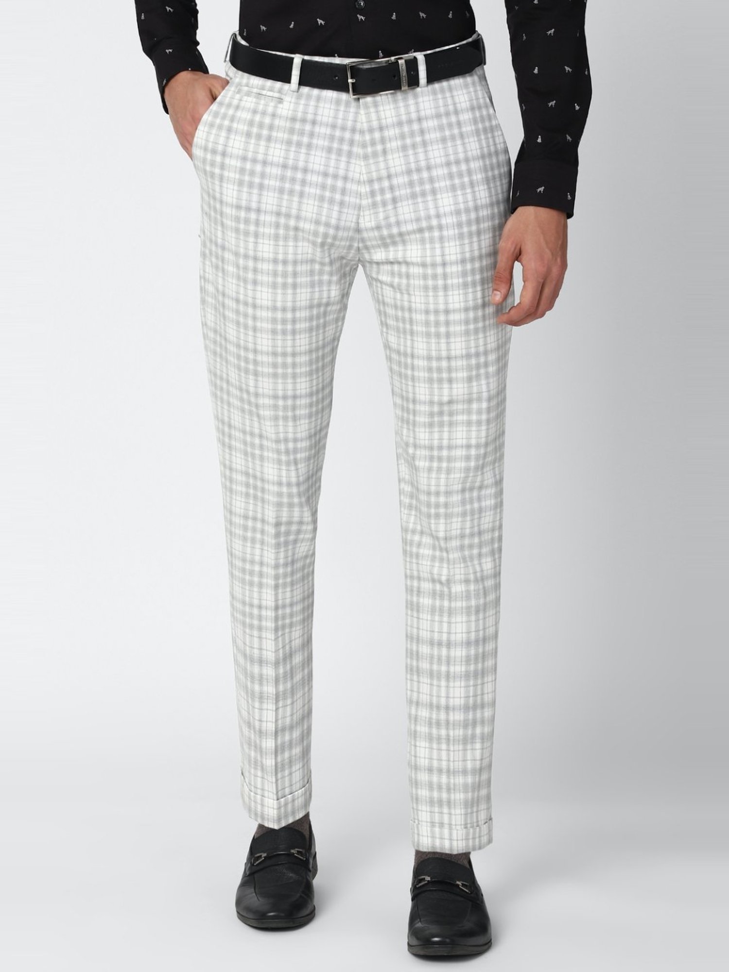 Peter England Grey & White Slim Fit Checks Flat front trousers