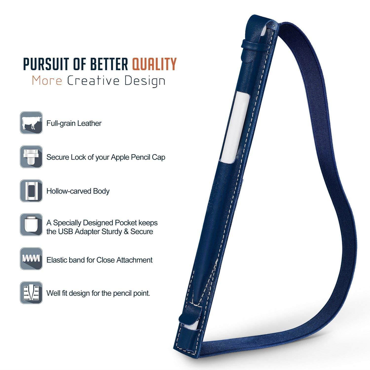 Fullmosa 4 Colors for Apple Pencil Holder, Genuine Litchi Texture Leather Apple Pencil Sleeve with USB pocket Handmade Compatible with iPad Pro 12.9" Cases, Dark Blue