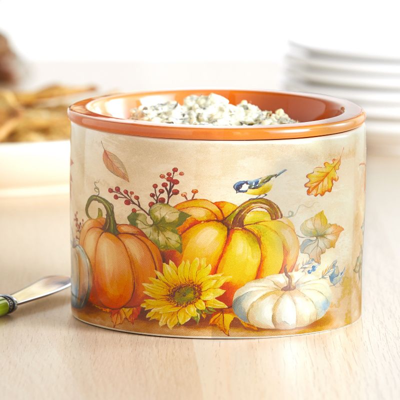 Lakeside Stoneware Dip Chiller Bowl with Fall Pumpkin Harvest Theme for Thanksgiving