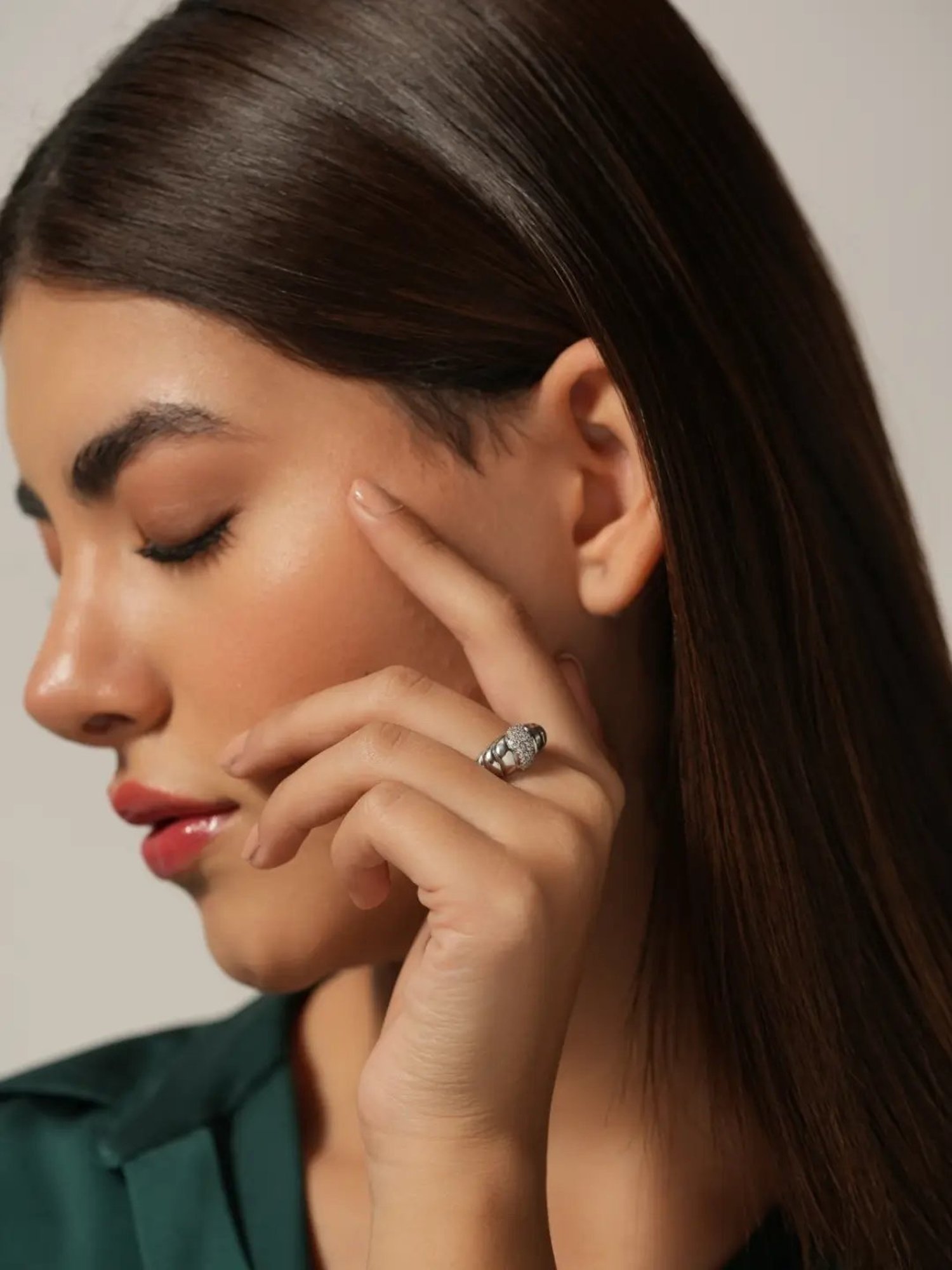 Mabel 92.5 Sterling Silver Rhodium-Plated Studded Croissant Adjustable Ring