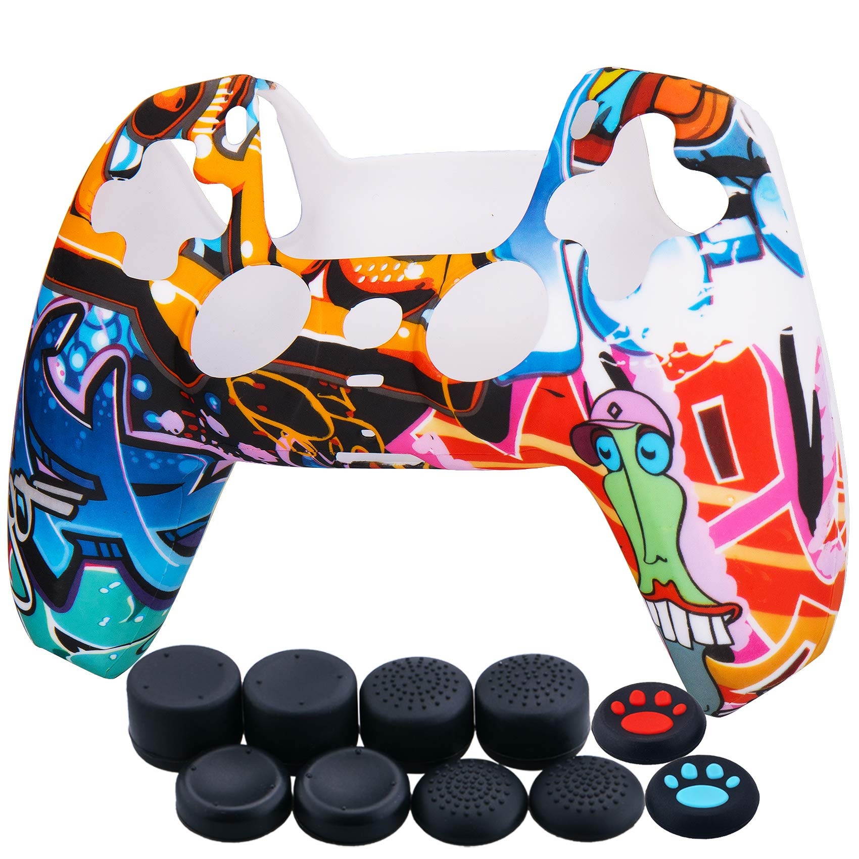 Water Transfer Printing Silicone Thickened Cover Skin Case for Sony PS5 Dualsense Controller x 1(Comic Graffiti) with Thumb Grips x 10