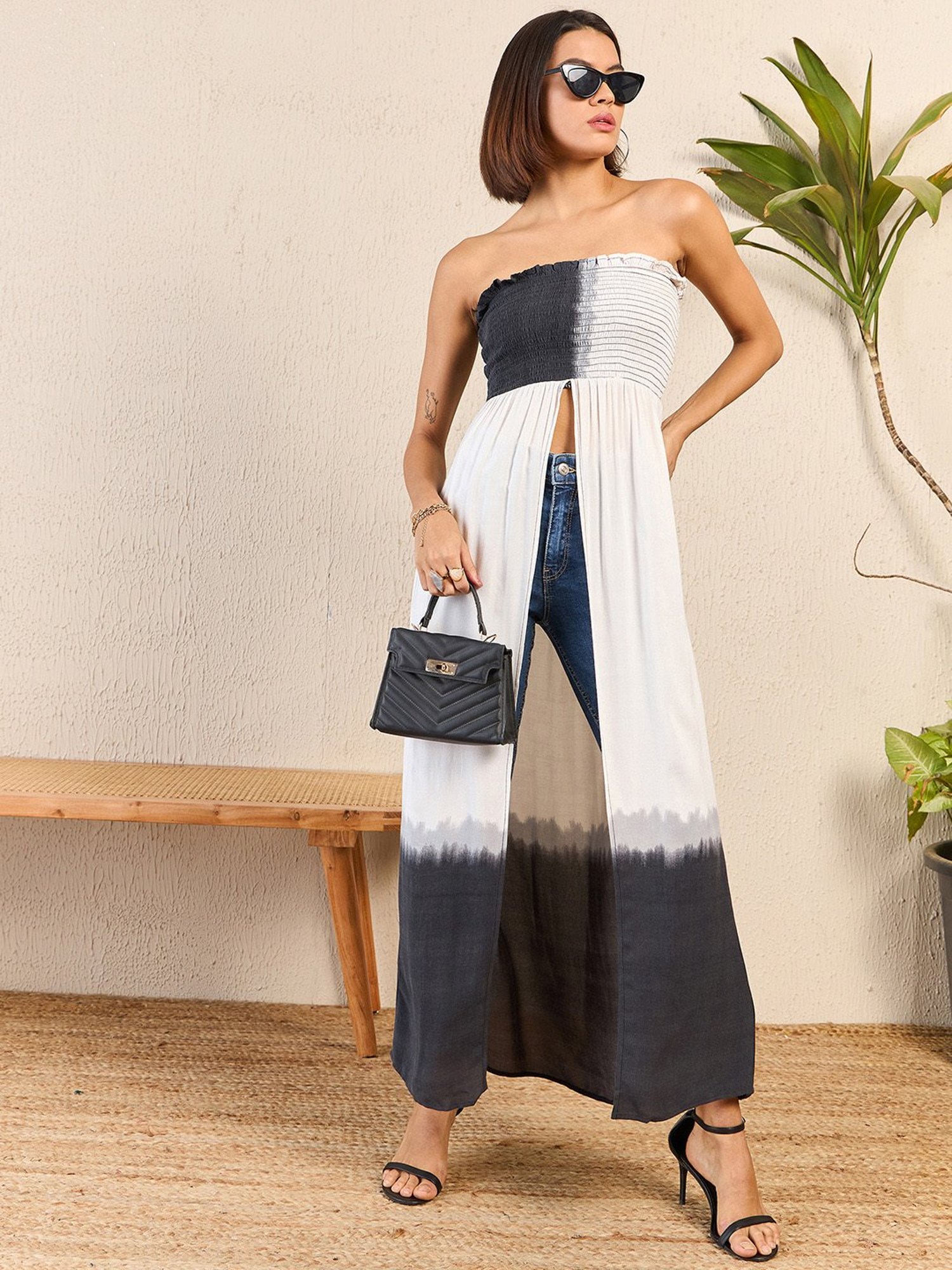 Marie Claire Off White & Black Color-Block Long Top