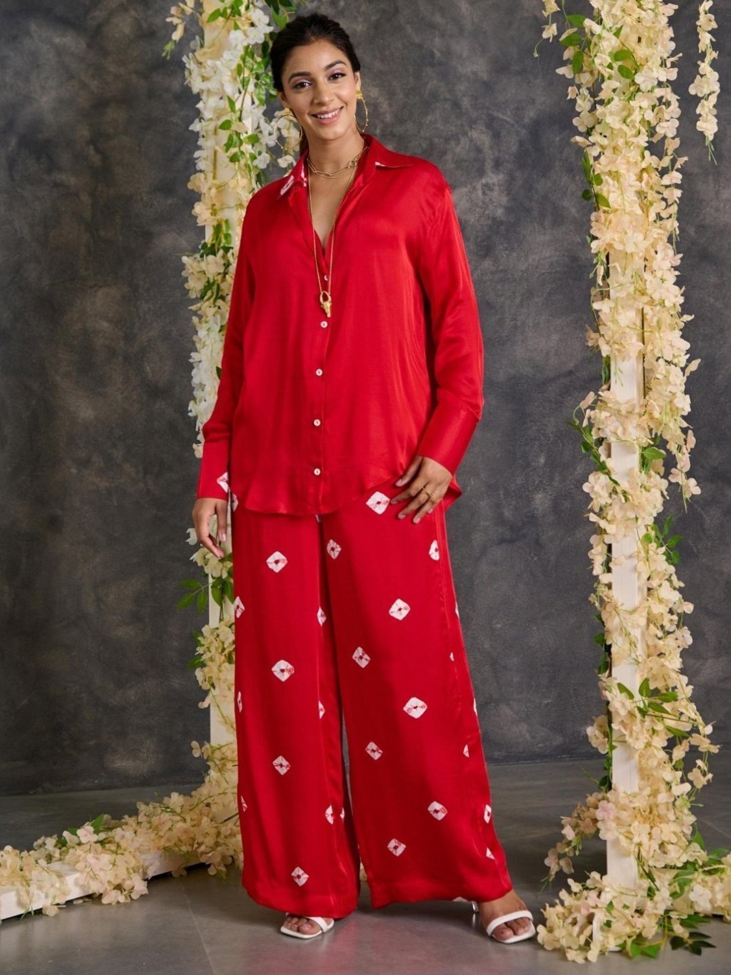 Gulaal Red Bandhani Modal Satin Shirt with Pant