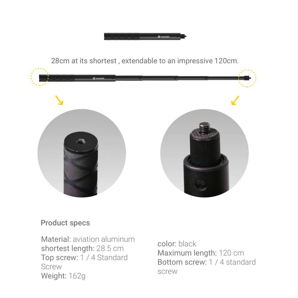 Insta360 Invisible Selfie Stick 1/4 Inch Screw 28cm-120cm Adjustable Length for Insta360 ONE X/ ONE/ EVO/ONE R Camera