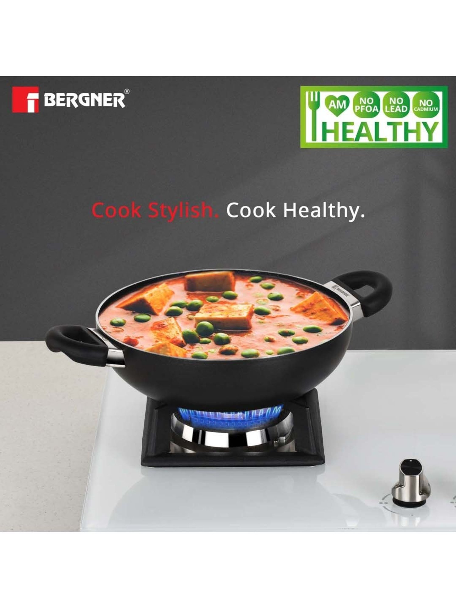 Bergner Black & Transparent Aluminium Kadhai With Lid - Set of 1