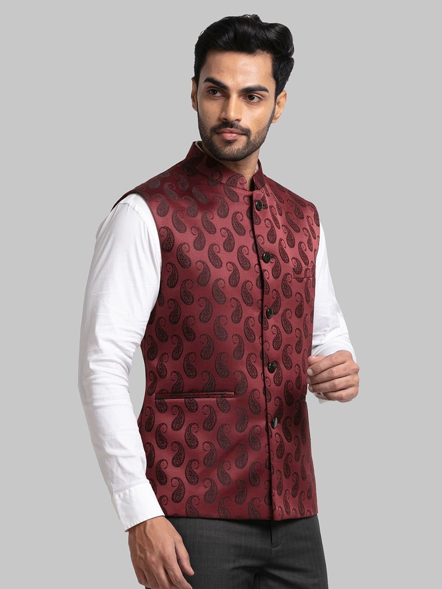 Raymond Maroon Regular Fit Printed Nehru Jacket