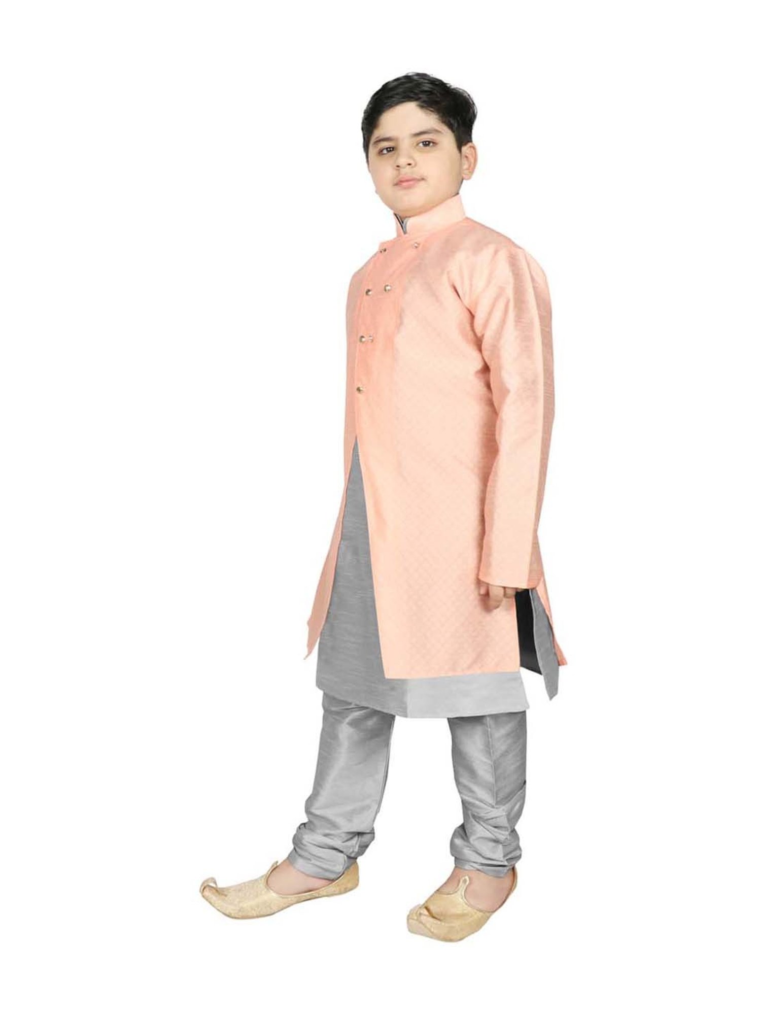 SG Yuvraj Kids Peach & Grey Textured Pattern Full Sleeves Kurta Set