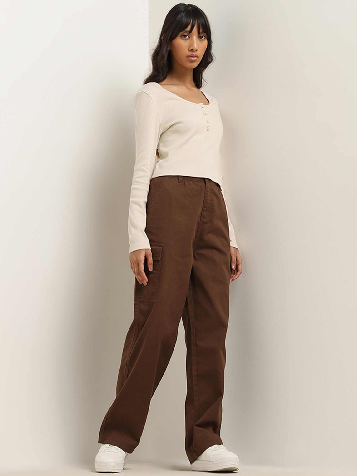 Nuon by Westside Dark Brown Cargo-Style High-Rise Relaxed Fit Jeans