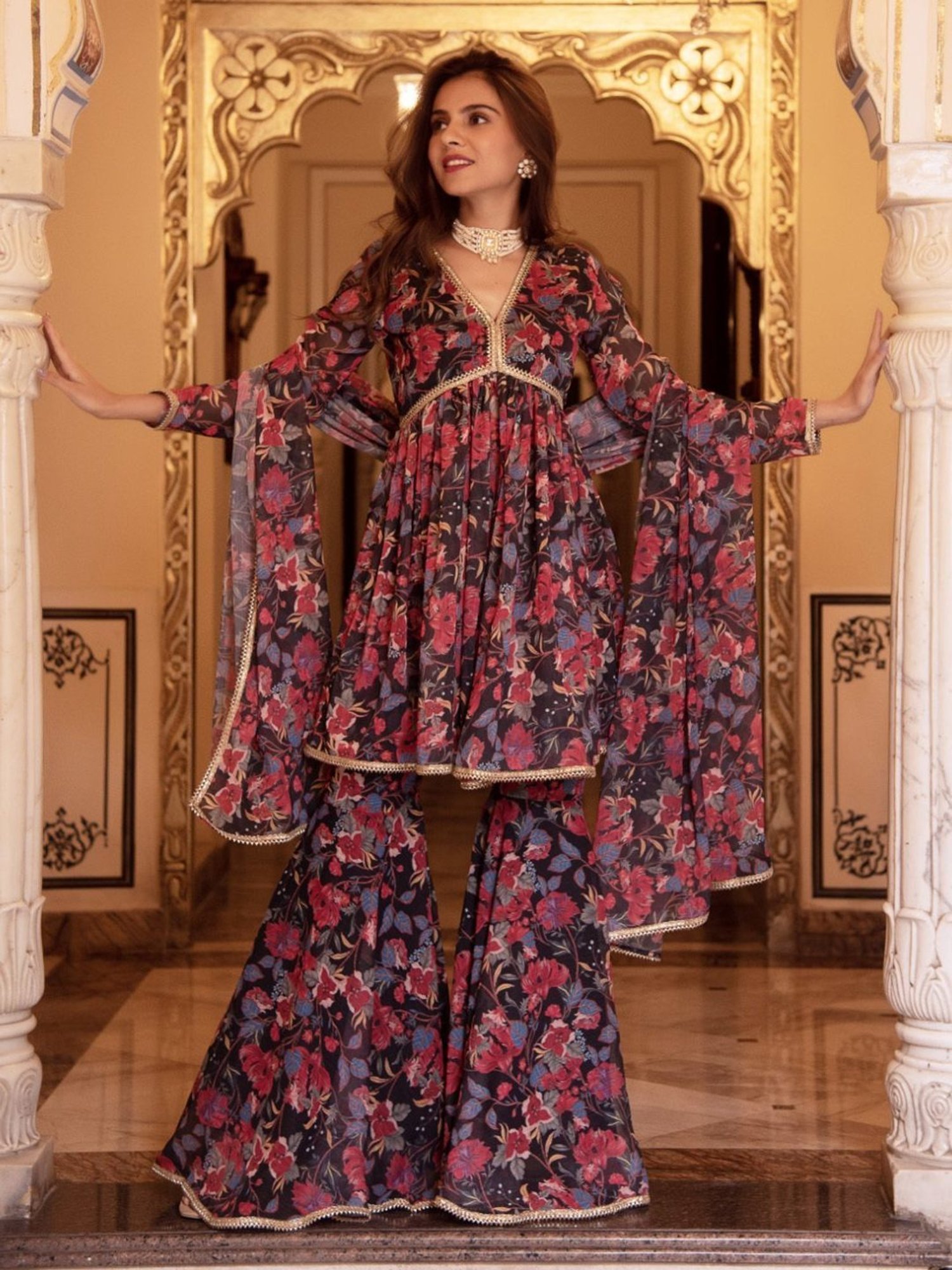 Calmna Black Beauty Chiffon Kurta Sharara Set