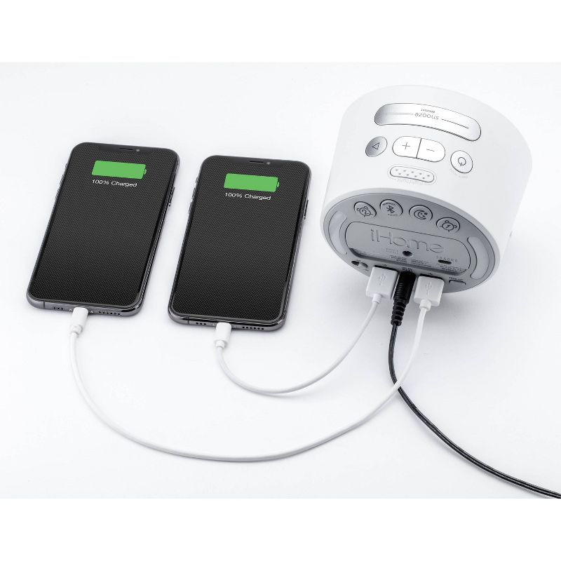 iHome Bluetooth Alarm Clock with Dual USB Charging and Nightlight - White/White