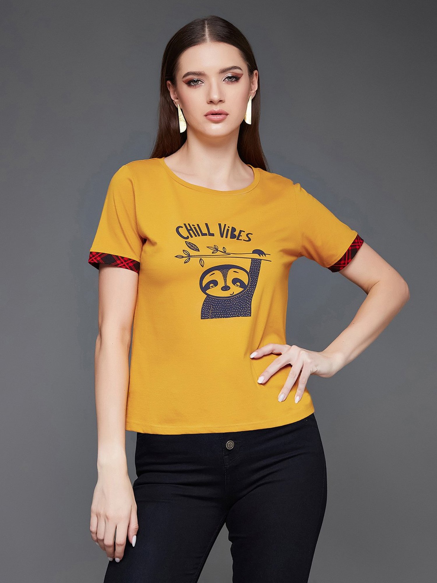 Miss Chase Yellow Cotton Graphic Print T-Shirt