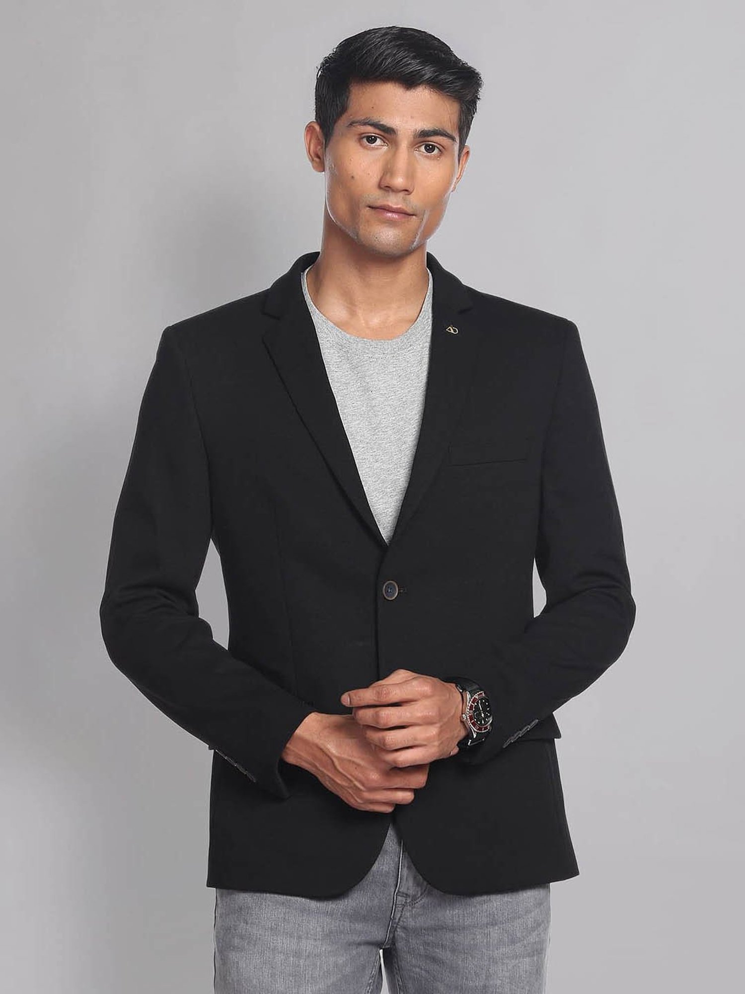 AD by Arvind Black Slim Fit Notch Lapel Blazer