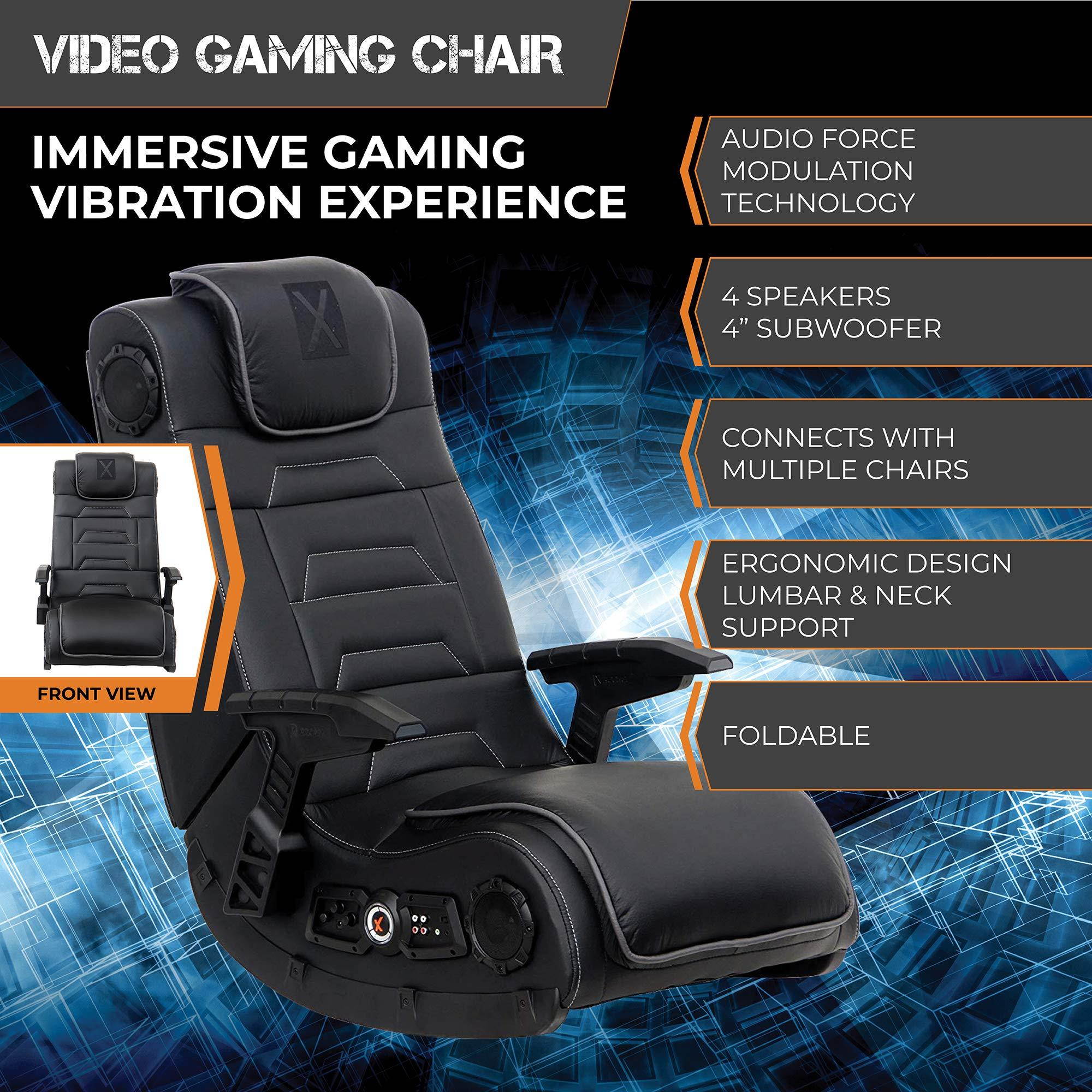 X Rocker Pro Series H3 Black Leather Vibrating Floor Video Gaming Chair with Headrest for Adult, Teen, and Kid Gamers - 4.1 High Tech Audio and Wireless Capacity - Foldable and Ergonomic Back Support