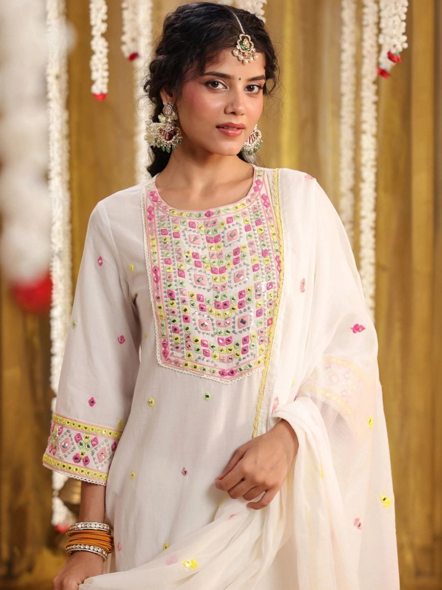 SCAKHI White Cotton Multicolour Mirror And Sequin Embroidered Kurta with Pant And Dupatta