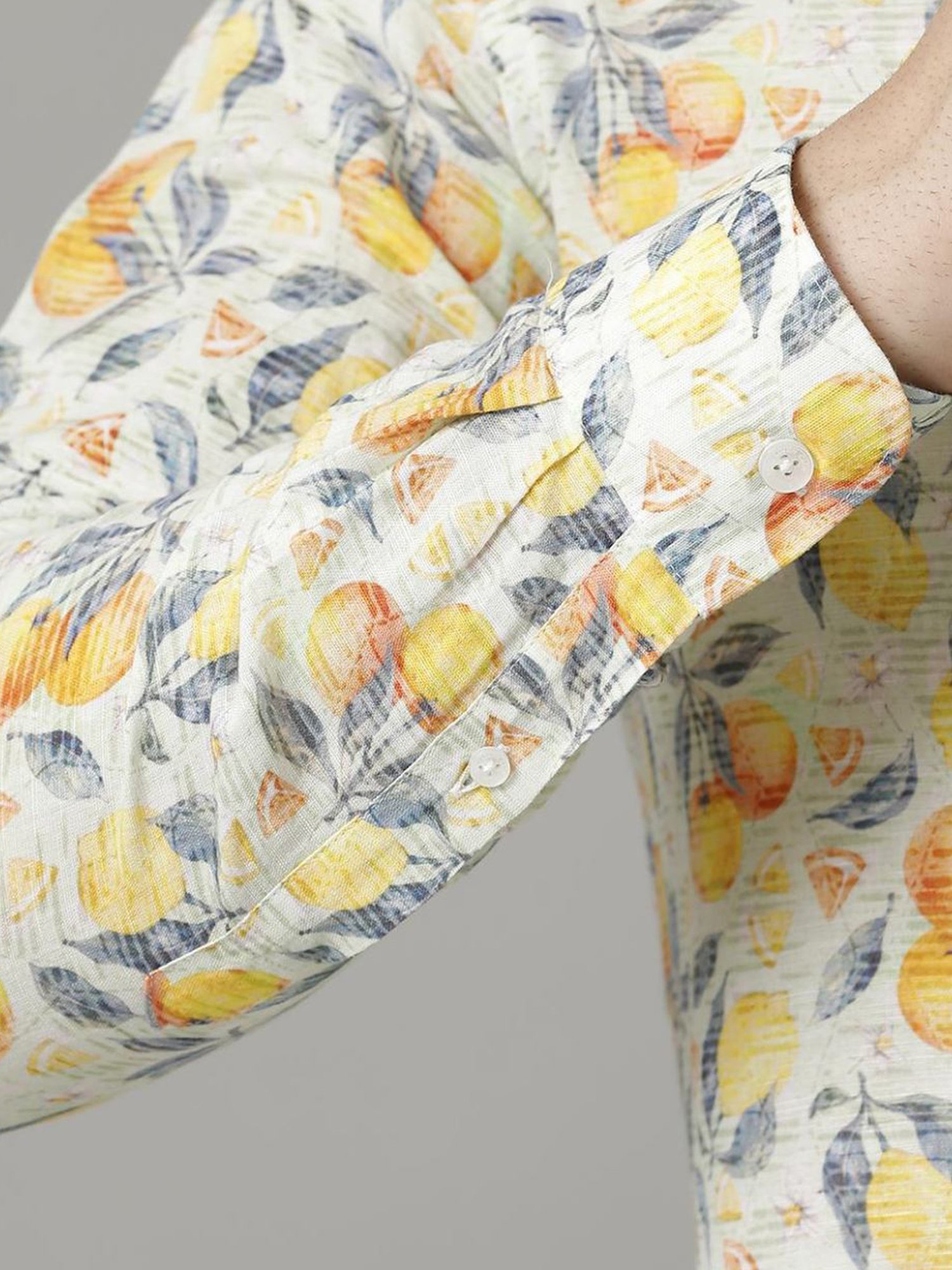 Linen Club Yellow Linen Contemporary Fit Printed Shirt