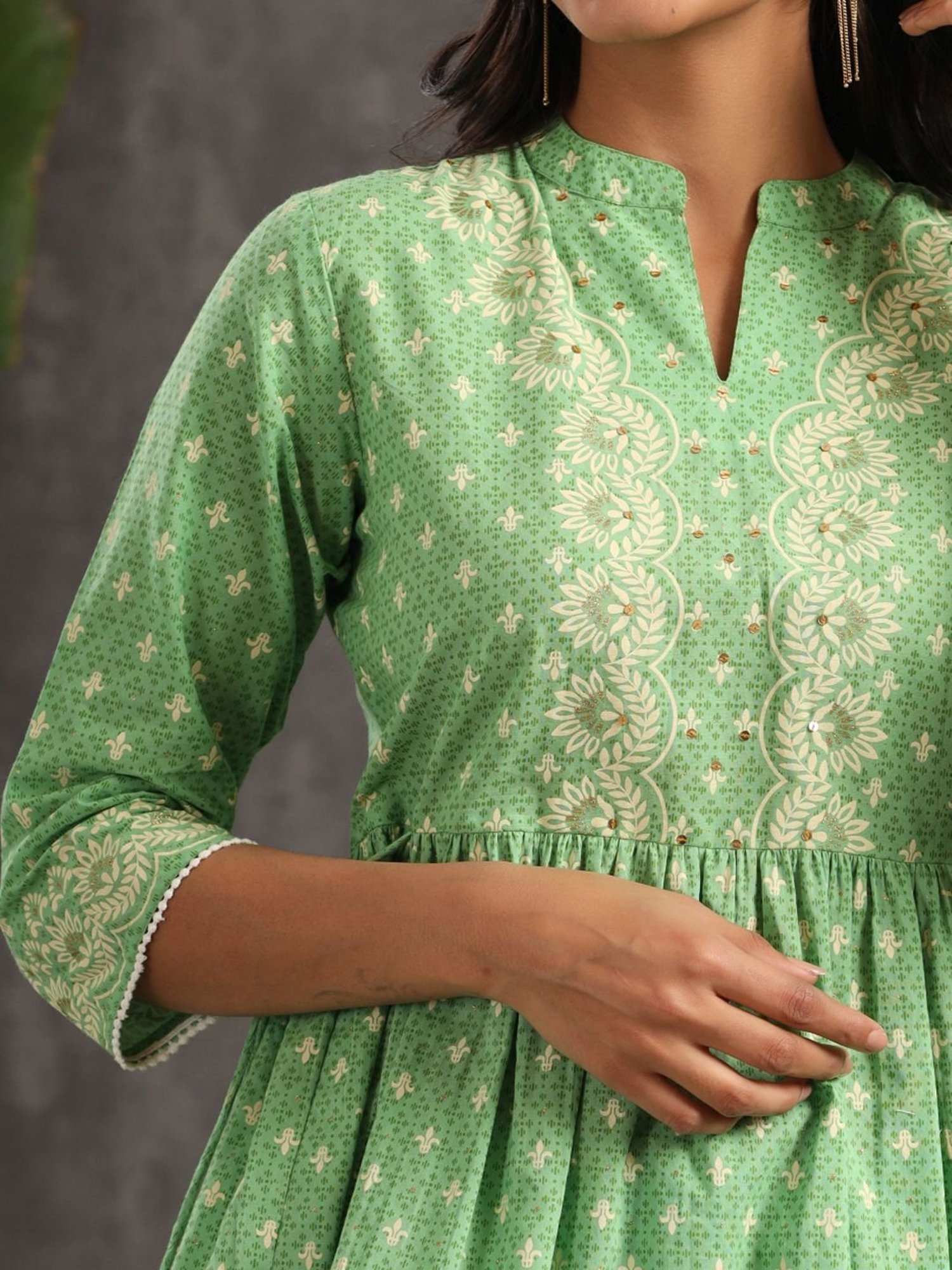 Juniper Green Ethnic Motif Printed Pure Cotton Tunic & Sharara With Sequins & Lace Detail