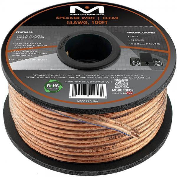 Mediabridge 14AWG 2-Conductor Speaker Wire (100 Feet, Clear)- Spooled Design with Sequential Foot Markings (Part# SW-14X2-100-CL )