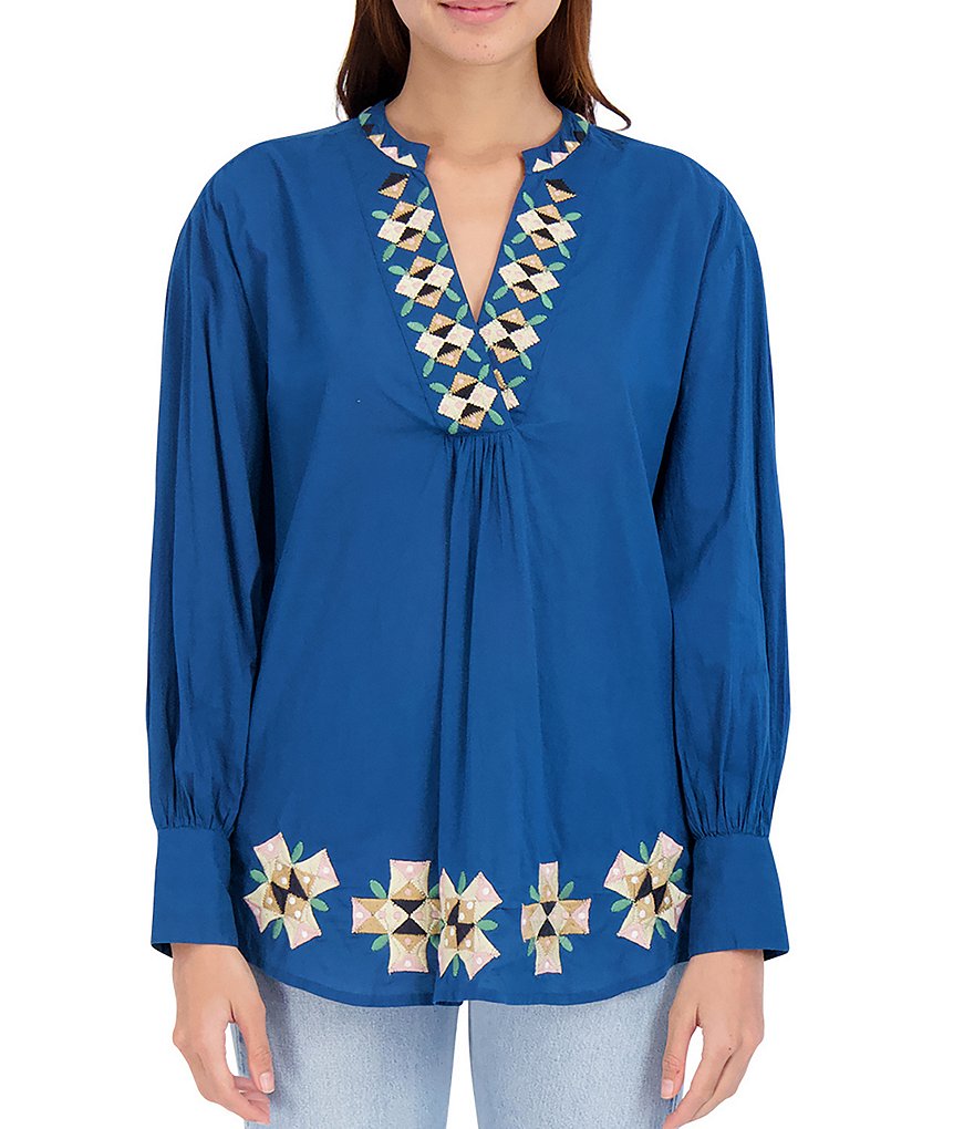 Roller Rabbit Tallulah Long Sleeve Split V-Neck Geo Embroidered Blouse