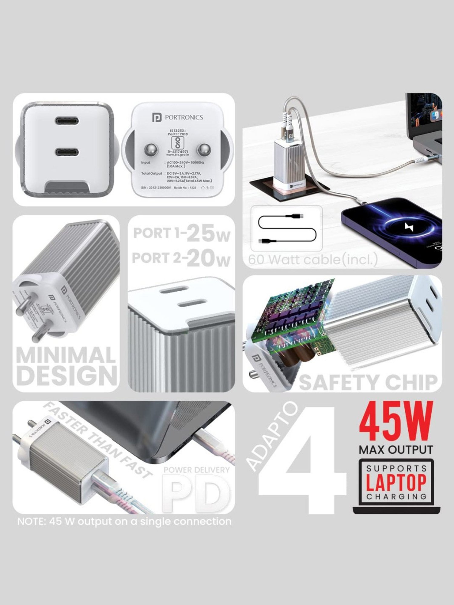 Portronics Adapto 4 Dual Ports High Power PD Charger with Supports Laptop Charging (White)