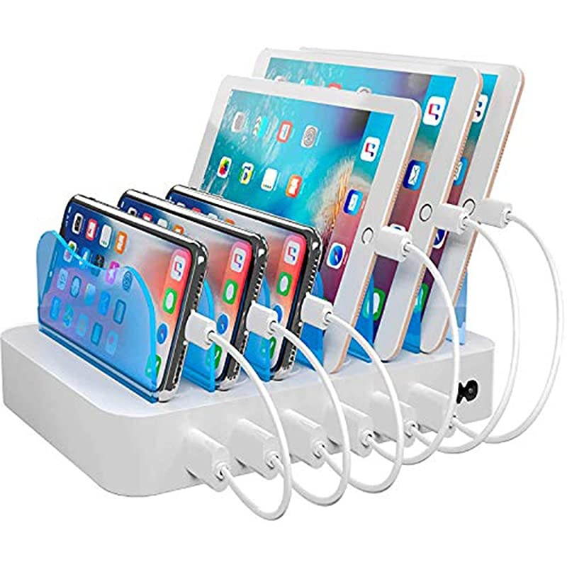 Charging Station for Multiple Devices, with 6 USB Fast Ports, Compatible with Cell Phones, Smart Phones, Tablets, and Other Electronics, White