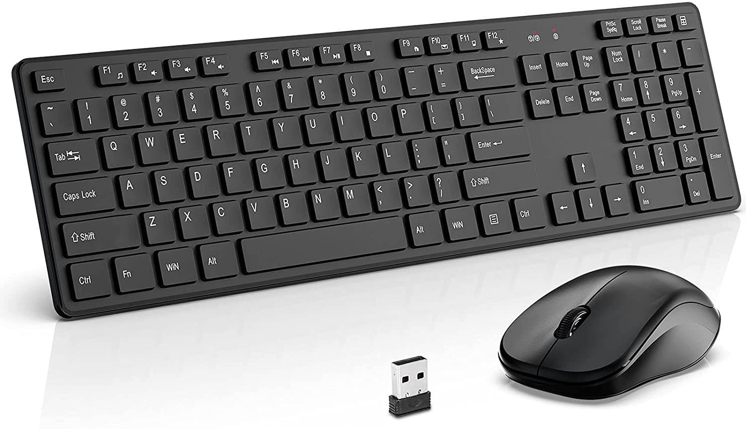 Wireless Keyboard and Mouse Combo WisFox 2.4G Full-Size Wireless Keyboard Mouse Set USB Keyboard Silent Ergonomic Mouse and Keyboard for PC Laptop Desktop Windows (Black)