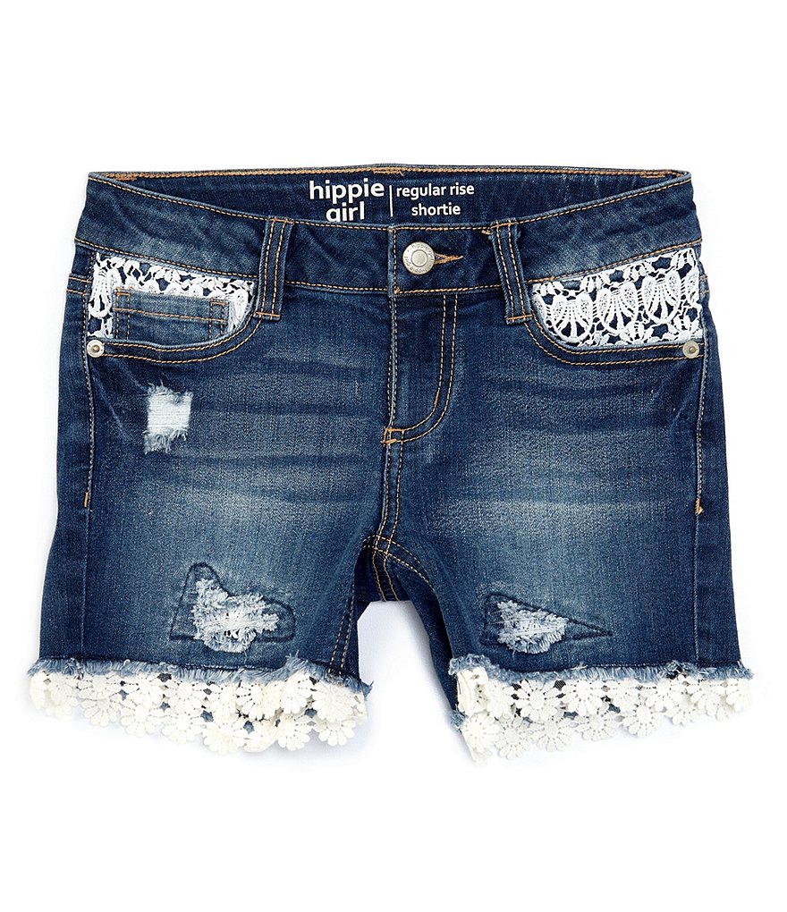 Hippie Girl Big Girls 7-16 Crocheted-Trim Destructed Denim Shorts